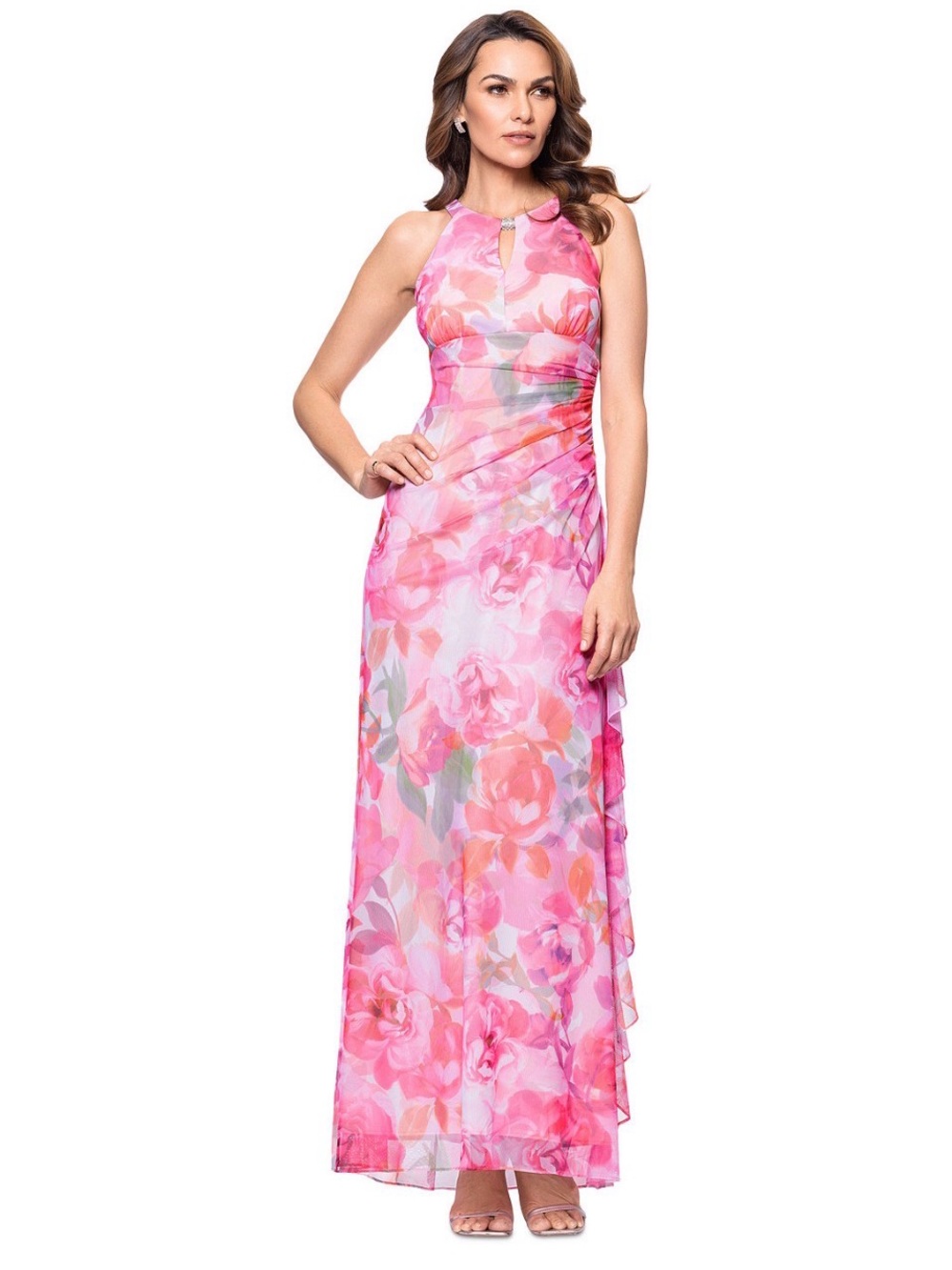 Betsy and Adam Pink Floral Ruched Keyhole Halter Maxi Formal Gown Dress Size 4